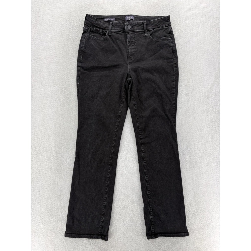 NYDJ Marilyn Straight Jeans Womens 12 Black Charcoal High Rise Stretch Lift Tuck